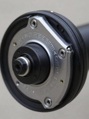Macro shot of a brushless rear hub motor on an electric bike, showing clean mechanical linkages and technical markings