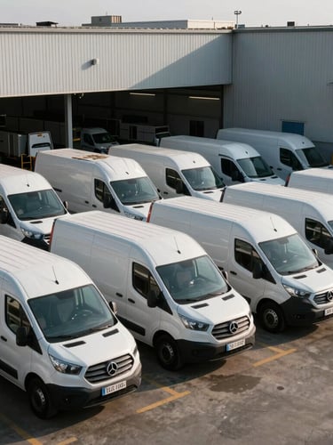 Wide environmental shot of an active commercial trade service fleet, pristine white vans lined up in front of a modern industrial warehouse under crisp morning daylight, sharp shadows.
