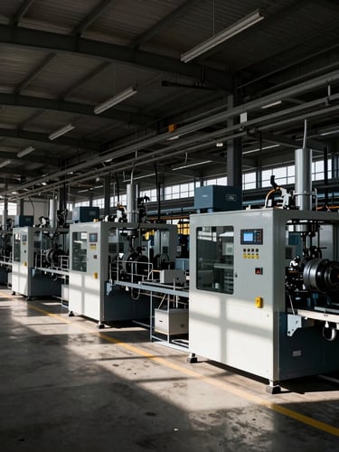 Wide-angle environmental shot of an active, modern manufacturing floor with high-contrast architectural lighting and crisp shadows, showcasing large-scale machinery, full-frame composition.