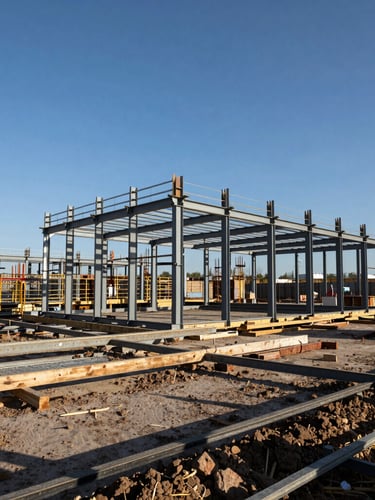Wide-angle environmental shot of an active commercial construction site, steel frameworks under natural high-contrast daylight, crisp shadows.