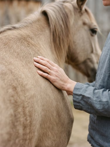 Hands gently resting on a calm horse's shoulder, soft diffused natural daylight, warm beige tones, shallow depth of field, minimalist editorial photography