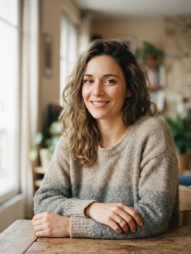 Warm editorial portrait of Élodie, a serene woman with a gentle smile, soft diffused daylight, muted beige and blue-gray tones, shallow depth of field, 35mm