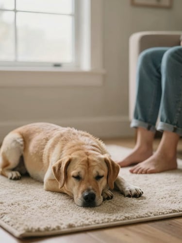 A quiet therapy room with soft daylight filtering through a window, a dog resting peacefully on a beige rug next to its owner's feet, warm editorial photography