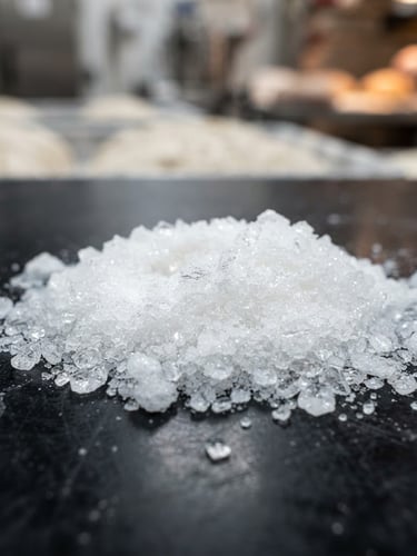 Macro close-up of fine white crystalline Sodium Acid Pyrophosphate (SAPP) powder on a sterile black laboratory surface, under crisp white light, with a blurred background of rising bakery dough.
