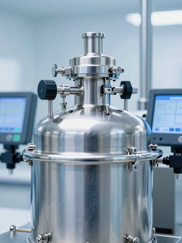 Crisp industrial photography, bright sterile laboratory light, close-up of a stainless steel testing reactor with digital calibration screens, cool blue tones, 50mm