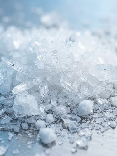 Crisp industrial macro photography of pure white crystalline tetrasodium pyrophosphate powder, bright sterile laboratory light, cool blue tones, sharp focus, 50mm