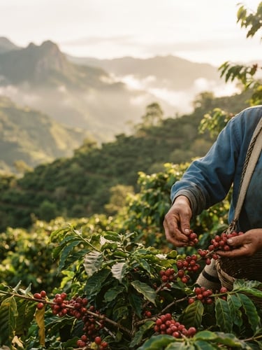 Portrait shot of sun-drenched coffee plantations in Alto de los Padres, Santander, Colombia, with mist in the mountains at golden hour, rich earthy tones, shallow depth of field, 35mm film style, a worker's hand harvesting red Castillo cherries in the mid-ground right, generous negative space above and to the left.