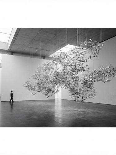 minimalist gallery photography, large-scale contemporary art installation, soft natural diffused light, desaturated black and white, sharp focus, 35mm architectural lens, wide panoramic frame, subject off-center right
