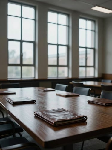 Wide panoramic view inside an empty institutional boardroom, tall north-facing windows casting cool diffuse daylight across a long dark-wood table, closed leather portfolios resting on the surface, architectural columns framing the space, no people present