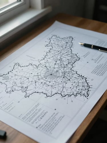 Close overhead view of a large architectural desk, jurisdictional maps and handwritten structural diagrams spread across its surface, a closed fountain pen resting on the edge, cool diffused window light from the left casting soft shadows across the paper