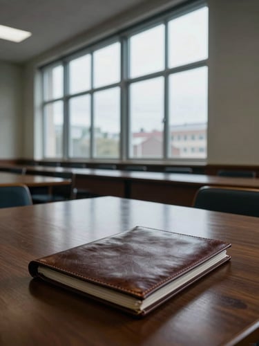 Wide environmental shot of an empty institutional boardroom, tall north-facing windows flooding the space with cool overcast daylight, a large closed leather portfolio resting on a dark wood table, spare architectural interior, no people
