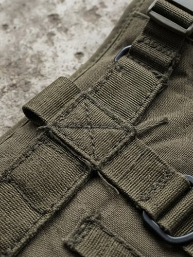Macro detail of heavy-duty double-stitched olive-drab seams on a load-bearing vest laid flat on concrete, hard overcast daylight.