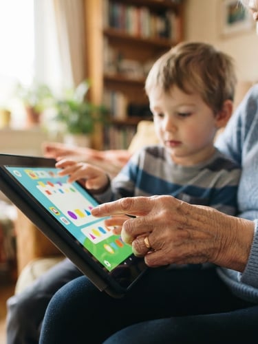 Close-up of a grandmother and grandson's hands together holding a large Android tablet, displaying a clean high-contrast app interface, bright natural daylight from a nearby window, soft warm home environment, shallow depth of field, 35mm lens.