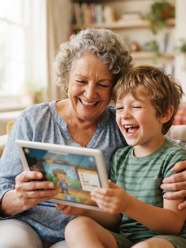 Close-up of a grandmother and grandson laughing together while looking at a tablet screen, bright natural daylight, soft clean colors, shallow depth of field, 35mm lens.