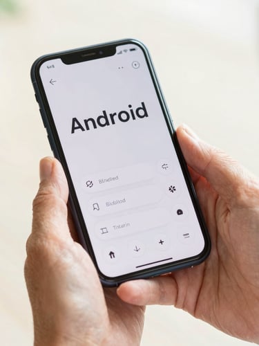 Close-up on hands of an older adult holding a modern Android phone, displaying an application with large, crisp typography and clear buttons, bright natural daylight