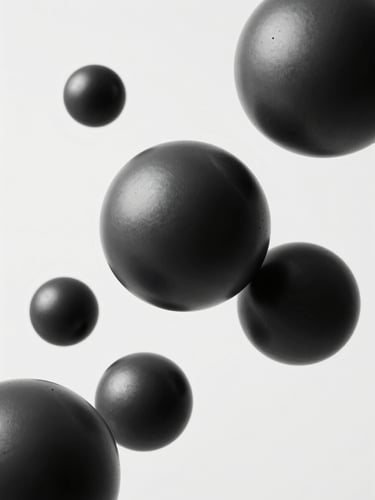 High-contrast 3D abstract geometric render with sharp monochrome lighting, metallic dark grey spheres floating in zero gravity, clean minimalist composition