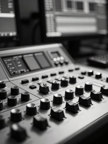 Portrait close-up shot of a professional video editing console, stark high-contrast studio lighting, sharp white highlights on dark metallic dials, a blurred monitor with a video timeline in the background, monochrome aesthetic.