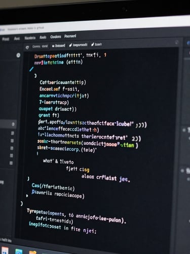 Macro close-up of a high-contrast web development IDE showing clean code, dark mode interface, sharp white highlights, deep shadows, studio lighting, monochrome aesthetic.