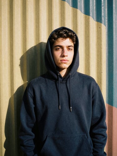 Gritty portrait of a young fan wearing a premium dark navy hoodie, leaning against a colorful corrugated metal wall in La Boca, high-contrast direct sunlight, 35mm film grain