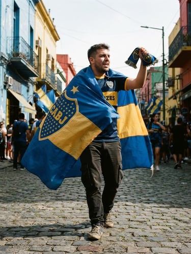 Low-angle dynamic shot of a Boca Juniors fan draped in a blue and gold flag walking down a gritty street in La Boca, Buenos Aires, strong direct sunlight, cinematic 35mm film grain.