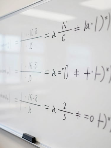 Close-up of handwritten physics derivations and complex mathematics formulas on a clean whiteboard, bright natural classroom lighting, sharp focus