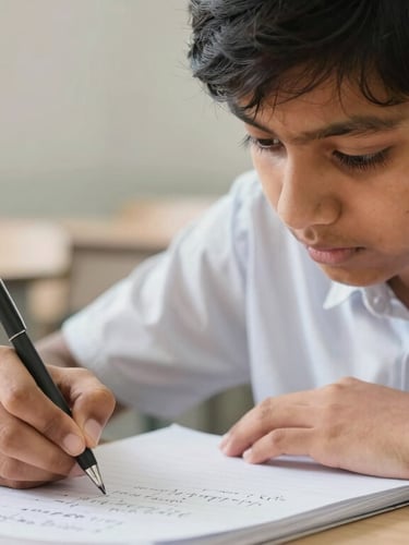 A close-up of a student in Hubballi writing physics formulas on a notepad, focused expression, soft natural classroom light