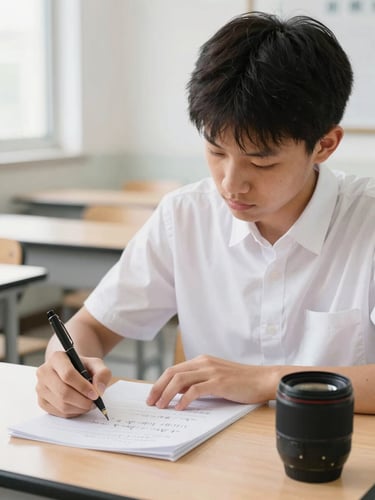 A focused high school student writing physics equations on a paper, bright natural desk lighting, sharp focus, 35mm lens