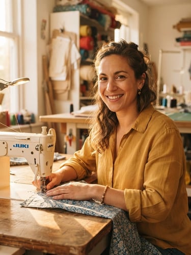 A medium-close portrait of a woman in a bright, clean workshop, smiling confidently while operating a sewing machine, warm natural golden-hour sunlight, shallow depth of field, 35mm lens