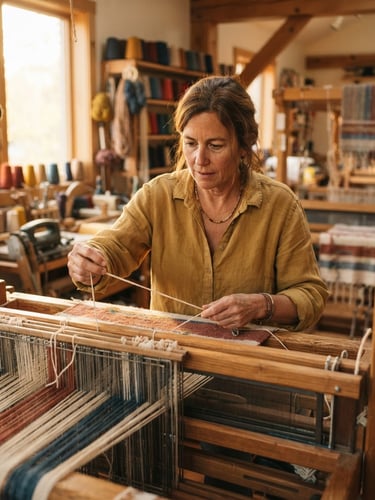 Medium-close portrait of a woman in a sunlit textile workshop, focused on threading a loom, warm natural golden-hour light, shallow depth of field, 35mm lens