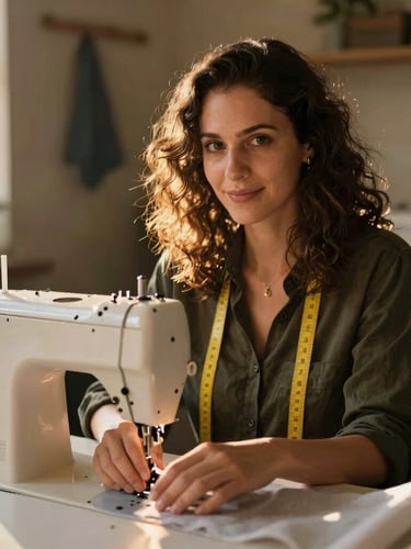 Confident portrait of a woman tailor working at a sewing machine in a sunlit community workshop, warm golden-hour sunlight, rich authentic tones, candid human portrait, shallow depth of field, 35mm lens