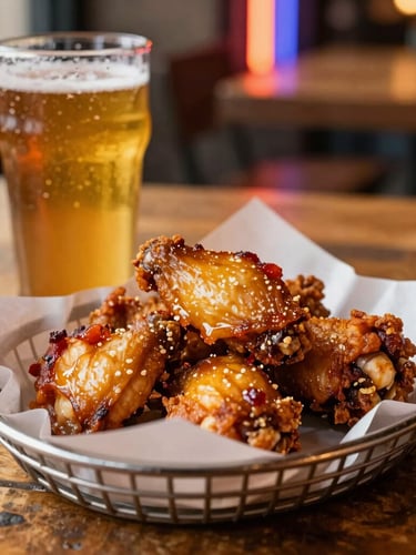 Close-up of a basket of crispy chicken wings next to a condensation-covered pint of amber draft beer on a weathered wooden table, warm low-key tavern lighting, neon glow in background.