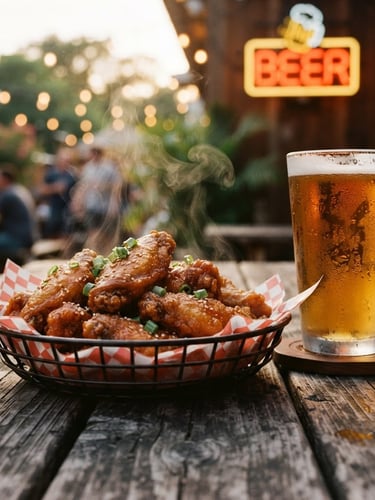 Close-up shot of a steaming basket of crispy wings on a weathered wood table, warm neon light from a beer sign reflecting on a cold condensation-covered pint of beer nearby, shallow depth of field, 35mm film.