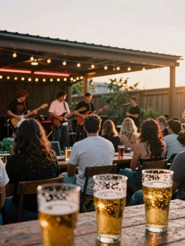 Warm editorial photography of a crowded outdoor backyard patio at dusk, a local rock band playing on a wooden stage, string lights overhead, condensation on beer pints in the foreground, golden-hour glow, 35mm film.