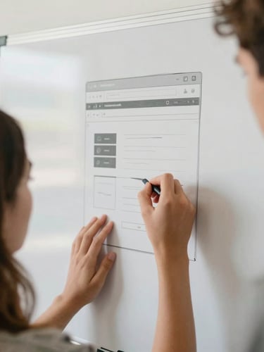 Close-up of hands sketching a website layout on a whiteboard during a community workshop, soft daylight, realistic color grading