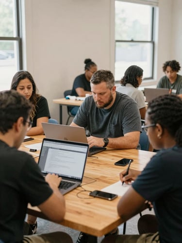 Warm documentary photography of a community workshop in Atlanta, organizers and developers collaborating over a laptop at a wooden table, natural indoor light, 35mm lens