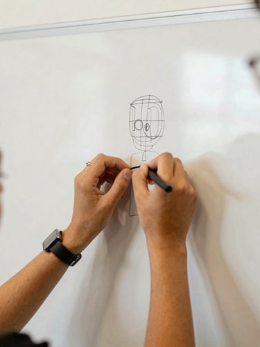 Close-up of hands sketching a wireframe on a whiteboard during a collaborative civic tech session, warm daylight, authentic documentary style
