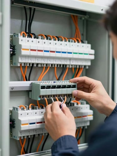 Close-up of a technician in a clean uniform wiring a complex low-voltage security panel, neatly routed orange and black wires, bright crisp utility lighting, 35mm