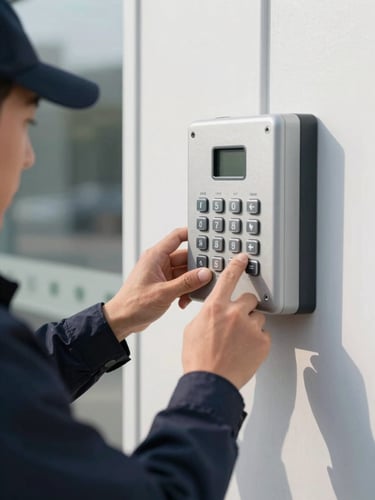 Close-up of a technician in a clean dark uniform calibrating a wall-mounted gate access keypad, bright natural light, sharp focus, 35mm.
