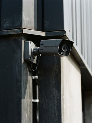 Sharp straight-on close-up of a security camera mounted cleanly on a dark architectural corner, conduit-protected wiring visible, bright natural daylight, high-contrast industrial tones, 35mm