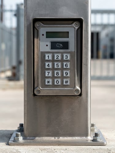 Sharp straight-on close-up of a commercial gate access keypad mounted on a clean steel pedestal, bright daylight, high-contrast industrial tones