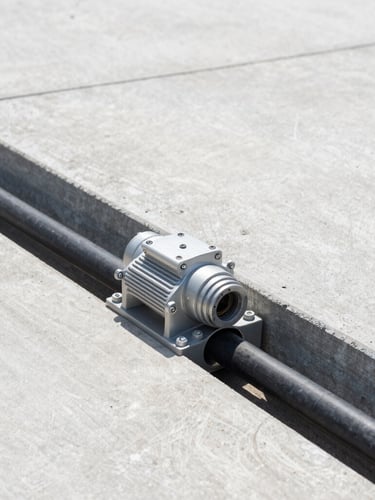 Neatly routed underground conduit runs entering a heavy-duty concrete pad for a commercial gate operator, bright daylight, technical precision