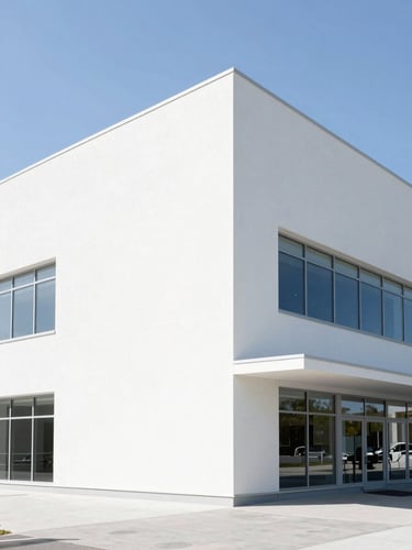 Bright high-key corporate photography of a modern trade hub architecture, clean concrete angles, crisp shadows, daylight, 35mm