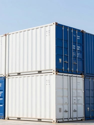 Bright high-key corporate photography of a modern deepwater port, clean geometric shipping containers stacked, crisp natural daylight, blue and white tones, 35mm