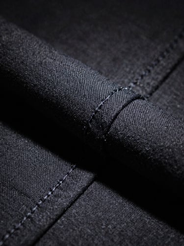 Macro close-up of heavy 280gsm organic cotton fabric weave, showing thick textile structure and clean double-needle stitching, deep shadows, high-contrast spotlighting