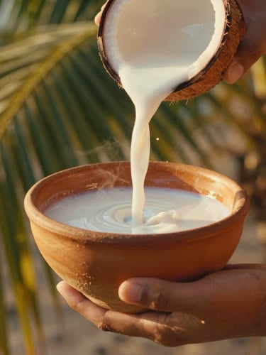 A close-up of a hand pouring fresh coconut milk into a rich terracotta bowl, warm golden-hour sunlight filtering through palm leaves, 35mm film.