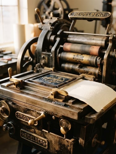 Close-up of a vintage heavy iron printing press in a sunlit West Jordan workshop, warm side-lighting, rich textures of cast iron and brass, shallow depth of field, 35mm