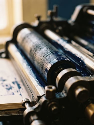 Close-up of a vintage offset printing press roller with deep blue ink, warm natural window light, shallow depth of field, 35mm