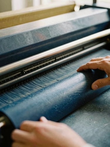 Hands of a master printer adjusting ink rollers on an offset press, detailed macro shot, warm natural window light, paper fibers and ink textures visible, 35mm