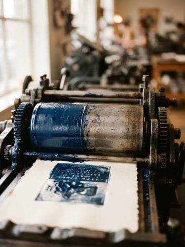 Close-up of a vintage printing press cylinder with rich blue ink, soft side-lighting from a workshop window, shallow depth of field, 35mm photography