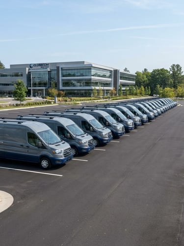 Wide environmental shot of modern fleet vehicles parked in a structured row under bright daylight, crisp focus, 35mm lens.